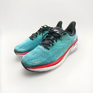 HOKA ONE ONE Clifton 8 Running Shoes Mens Size 10.5 Wide Blue Teal Red Cushion